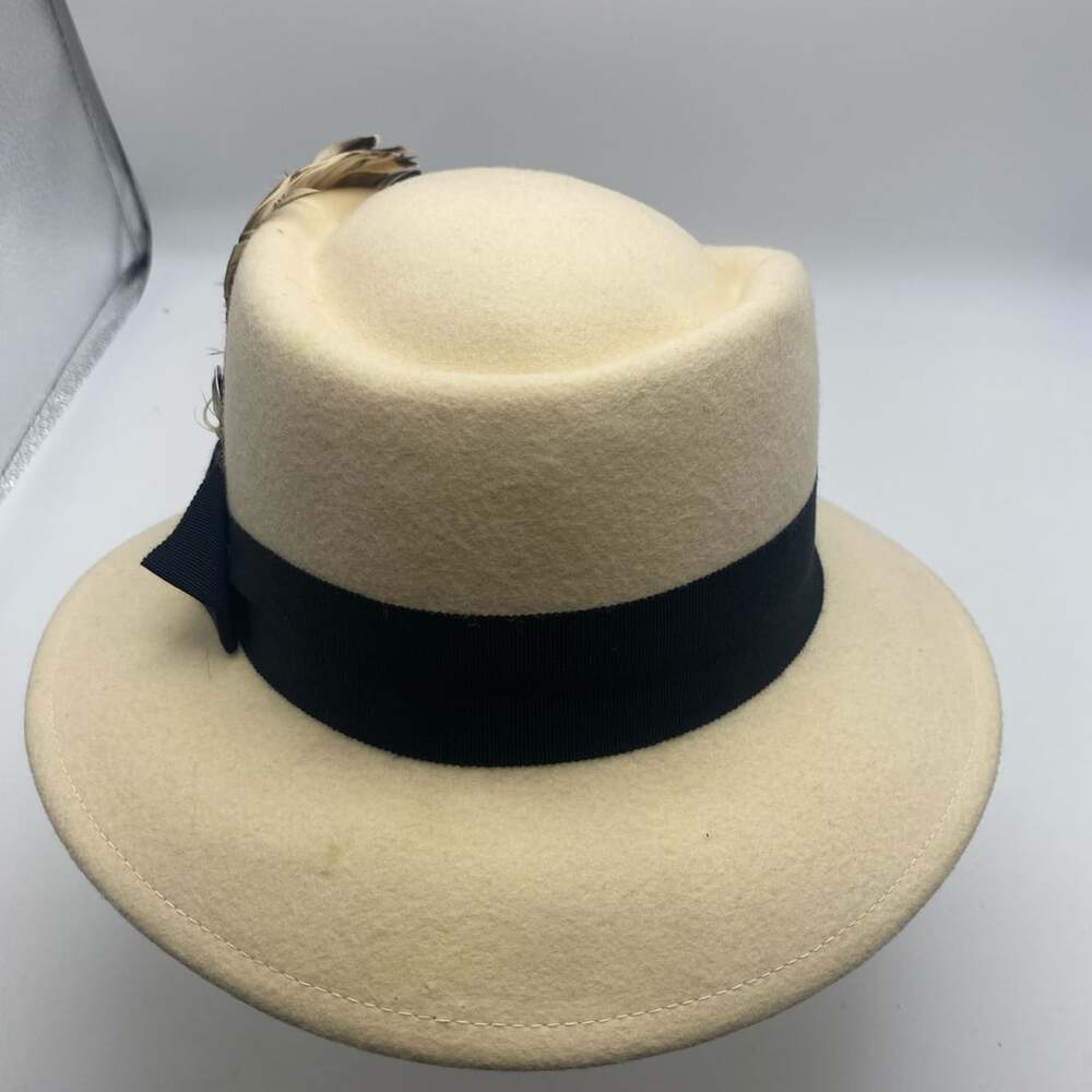 Fabini New York Vintage Wool Hat Feather Trim Ivory